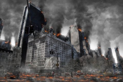 Ville en ruines avec immeubles en feu, fumée noire et flammes, décor apocalyptique dans Opération Pandore