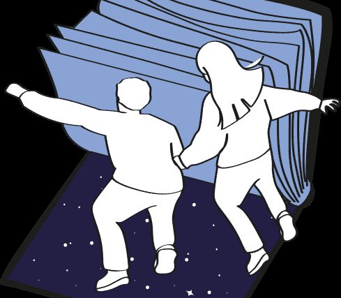 Dessin de deux silhouettes marchant sur un livre ouvert sur fond étoilé, salle Promenons-nous dans les bois, Éveil Tes Sens