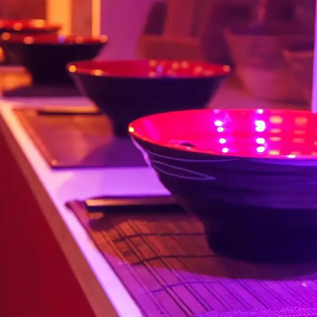 Bols violets alignés sur un comptoir éclairé en rose, salle Mission Tokyo chez Escape Time à Vezin-le-Coquet