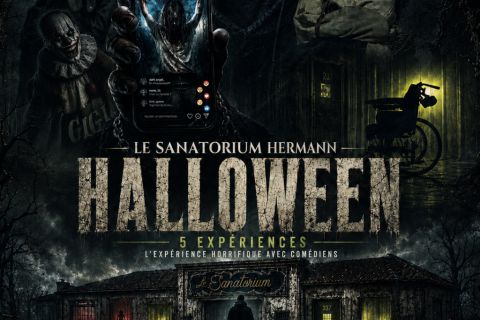 Affiche sombre Halloween du Sanatorium Hermann, personnages monstrueux et dates de réservation, salle L'Influenceur à Montbert