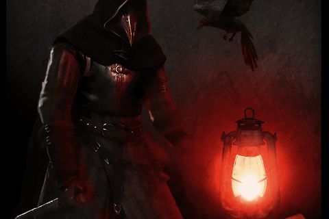 Personnage encapuchonné au masque de corbeau près d'une lanterne rouge, Dangereux Secret