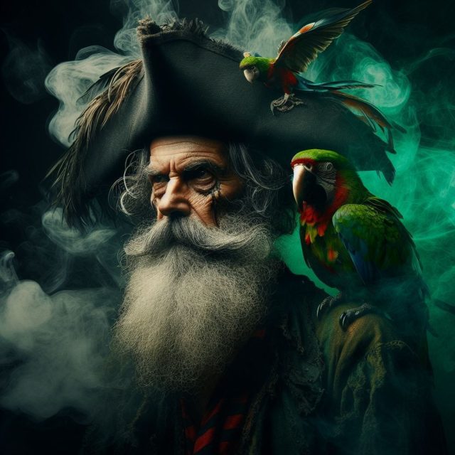 Vieux pirate barbu au tricorne avec perroquet vert sur l'épaule, salle Le trésor de Barbe Noire, Time Adventure