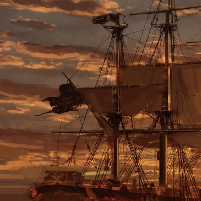 Voilier aux mâts et voiles sombres sur fond de ciel orangé, galerie de la salle Merlin chez Get Out à Ballan-Miré