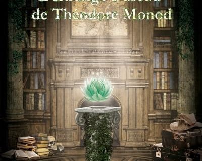 Bibliothèque ancienne avec fleur verte lumineuse au centre, livres et malles dans la pénombre