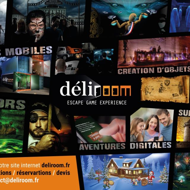 Collage promotionnel Déliroom : salles mobiles, décors thématiques, créations d'objets, scénarios et aventures digitales