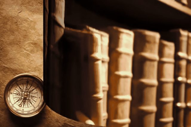 Compass et livres anciens dans une bibliothèque chaleureuse du Nautilus à Sélestat