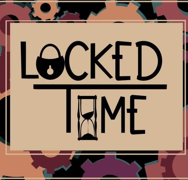 Logo de Locked Time, escape game à Marseille, avec cadenas et sablier sur fond géométrique