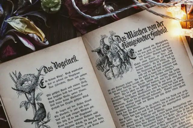 Livre de contes ancien ouvert, gravures et texte gothique, visuel de Portail Magique