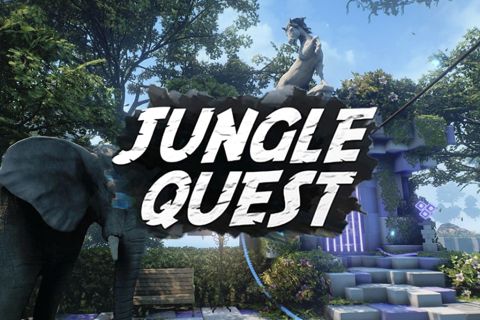 Affiche Jungle Quest : éléphant et temple aux cubes lumineux dans une jungle, titre en lettres blanches, salle chez Inoui VR