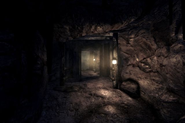 Galerie de mine étayée de poutres, éclairée par une lanterne, salle La mine abandonnée