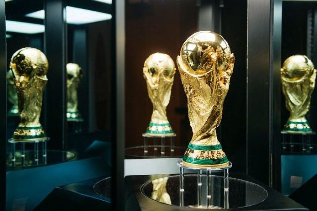 Répliques dorées de trophées sportifs mondiaux alignées en vitrine illuminée