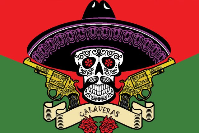 Crâne en sombrero avec revolvers dorés sur fond mexicain, logo Escape from Calaveras