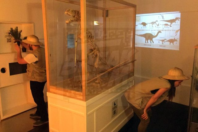 Deux enfants explorent un univers préhistorique peuplé de fossiles et de dinosaures chez Jurassik Room