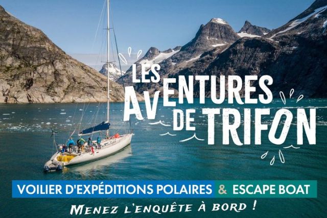 Voilier sur un fjord de montagnes, titre Les aventures de Trifon, escape boat à La Rochelle, salle Sabotage sous haute latitude