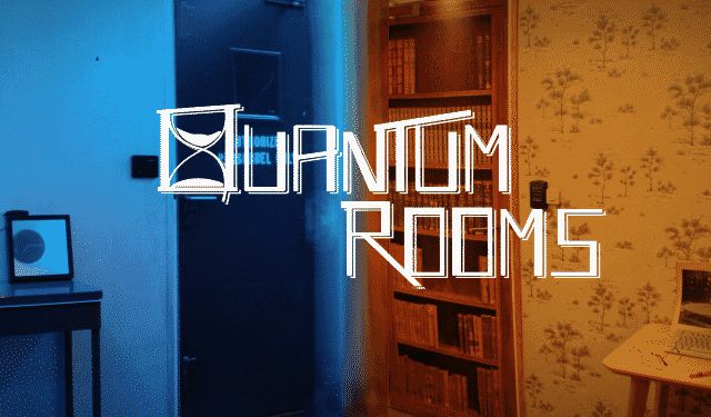 Bandeau Quantum Rooms, bureau avec écrans sur un mur bleu et papier peint orangé, enseigne à Clamart