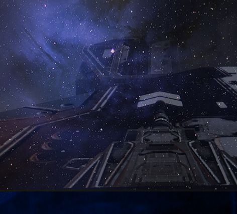 Vaisseau dans un ciel étoilé bleu nuit et silhouettes lumineuses en bas, salle Perdu dans l'espace chez In Lusio