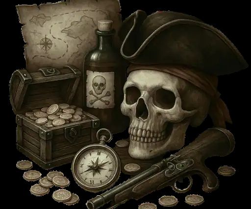Crâne coiffé d'un tricorne, coffre de pièces, carte, pistolet et boussole, salle Le repaire des pirates