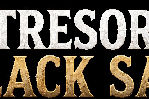 Titre Le trésor de Black Sam en lettres blanches et dorées sur fond clair, salle chez Victory Escape Game à Maurepas