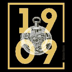 Logo de 1909, escape game à Saint-Étienne, avec horloge mécanique et chiffres dorés