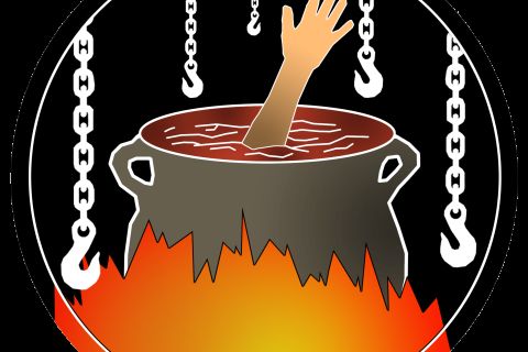 Pictogramme d'un chaudron sur les flammes d'où dépasse une main, entouré de chaînes, salle Le cannibale chez No escape