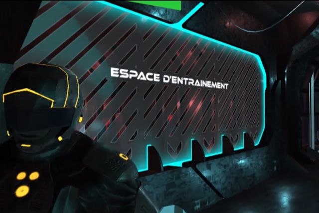 Enseigne lumineuse cyan et rouge d'un espace d'entraînement futuriste chez Virtual Adventure