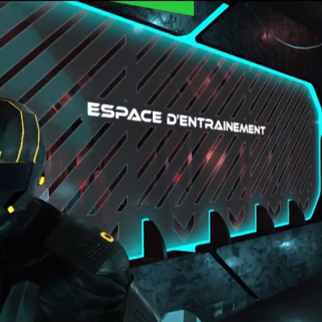 Enseigne lumineuse cyan et rouge d'un espace d'entraînement futuriste chez Virtual Adventure