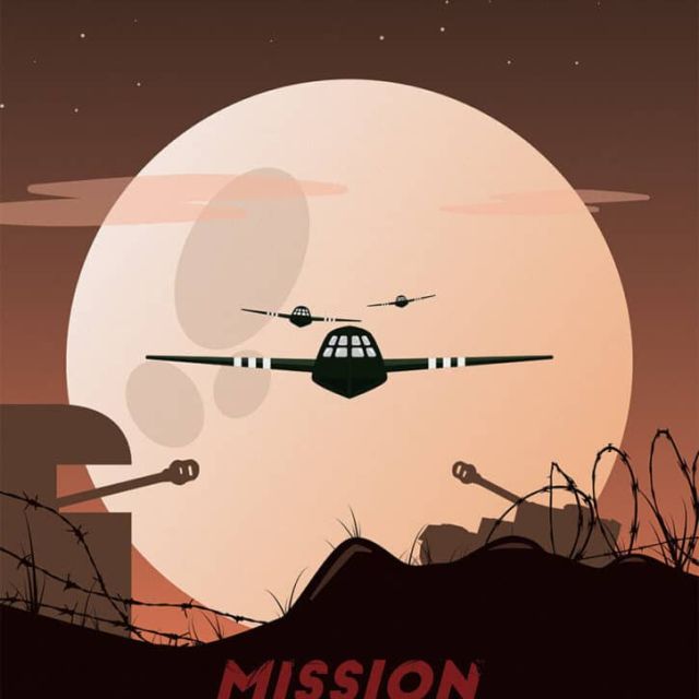 Affiche rétro d'un avion militaire survolant un paysage désertique au crépuscule, Mission Eureka