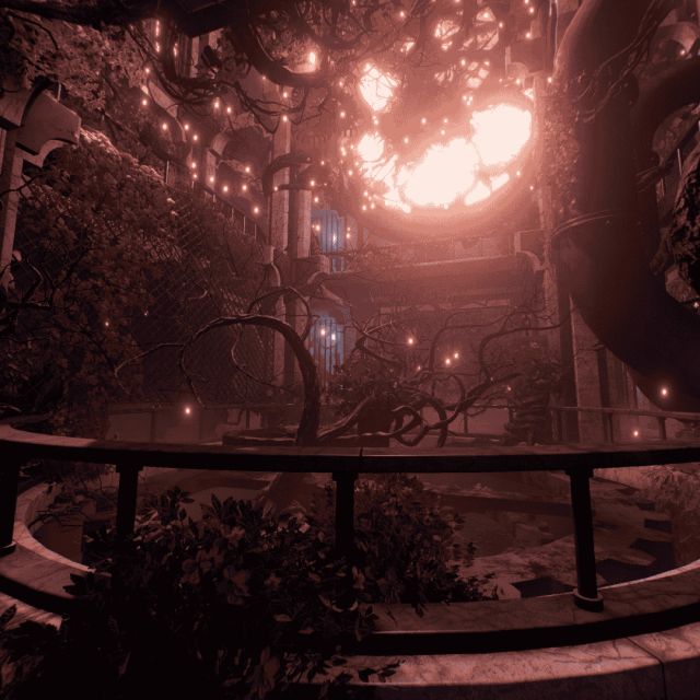 Balcon sombre au-dessus d'un décor de racines éclairé de petites lumières rouges, salle Alice chez Inoui VR