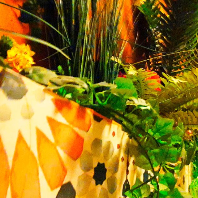 Mur orange à motifs d'étoiles, plantes vertes et porte bleue, salle Mirage chez Escape Time à Barjouville