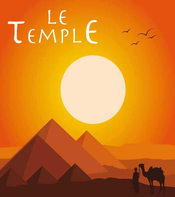 Affiche de "Le Temple" : pyramides sous soleil couchant, voyageur avec chameau, sables du désert