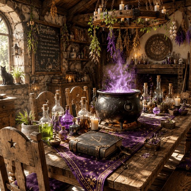 Cuisine de sorcière en bois avec chaudron fumant violet et grimoire, salle Le test de Marielle chez Délivrés à Pau