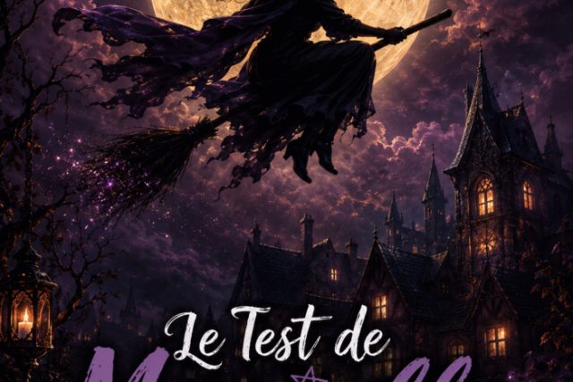 Affiche violette Le test de Marielle : sorcière en vol devant la lune, salle chez Délivrés à Pau