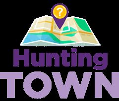 Logo de Hunting Town, jeu urbain à Strasbourg : carte repérée par un point d'interrogation, lettres violettes sur fond blanc