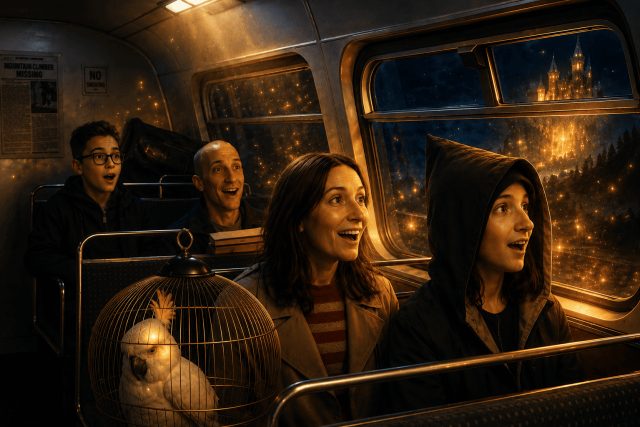 Quatre voyageurs émerveillés dans un bus aux fenêtres sur un château illuminé, Only The Brain à Eybens