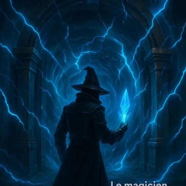 Sorcier encerclé d'éclairs bleus et d'un cristal lumineux, salle Mafia Bianchi chez Limitless Adventure