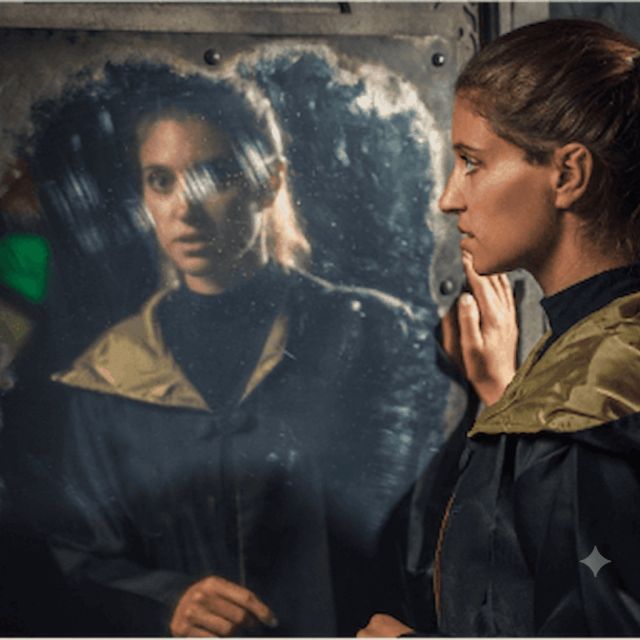 Joueuse en cape sombre qui observe son reflet dans un miroir, salle Le sorcier maudit chez BlackOut Room à Nice