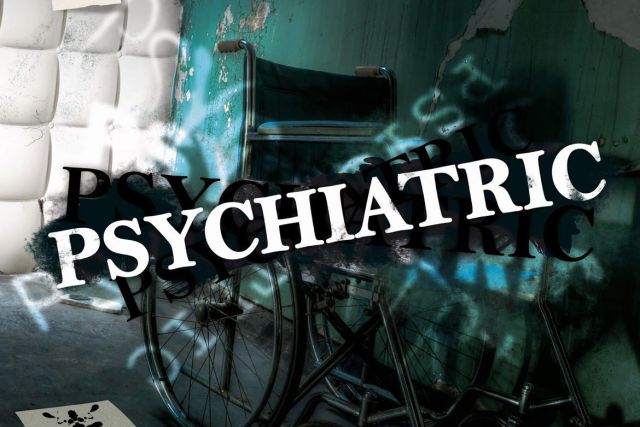 Fauteuil roulant dans une pièce délabrée et titre Psychiatric, autre salle de BRAIN Le Portel