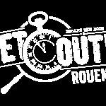 Logo de Get Out Rouen, escape game à Rouen, montre et loupe sur fond noir