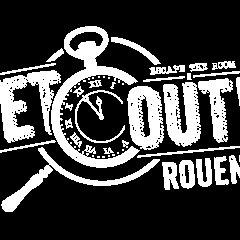Logo de Get Out Rouen, escape game à Rouen, montre et loupe sur fond noir
