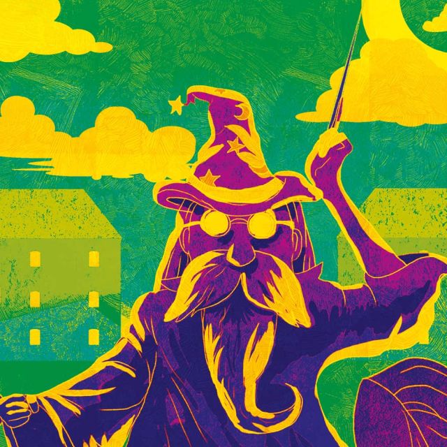 Mage à barbe violette brandissant une baguette, visuel d'À la recherche des animaux magiques