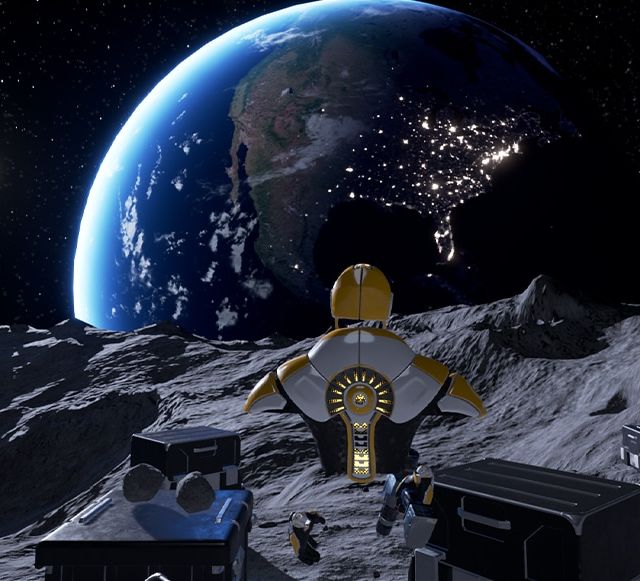 Robot jaune et bleu sur un sol lunaire face à la Terre et à une lune blanche, salle Time Travel, Virtual Room à Saran
