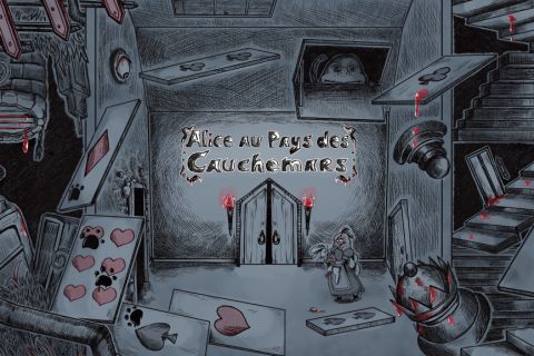 Affiche dessinée d'Alice au pays des cauchemars : cartes à jouer, escaliers et porte aux torches