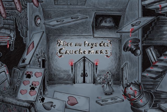 Affiche dessinée d'Alice au pays des cauchemars : cartes à jouer, escaliers et porte aux torches