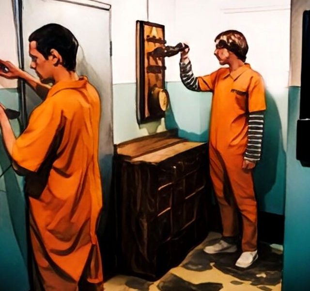 Deux joueurs en combinaison orange manipulant un mur de commandes bleu et vert, salle L'aventure totale chez Mission Exit