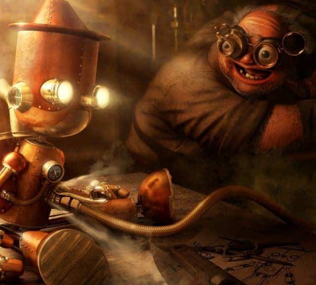 Décor steampunk avec robot rouillé aux yeux lumineux dans Intelligence Artificielle