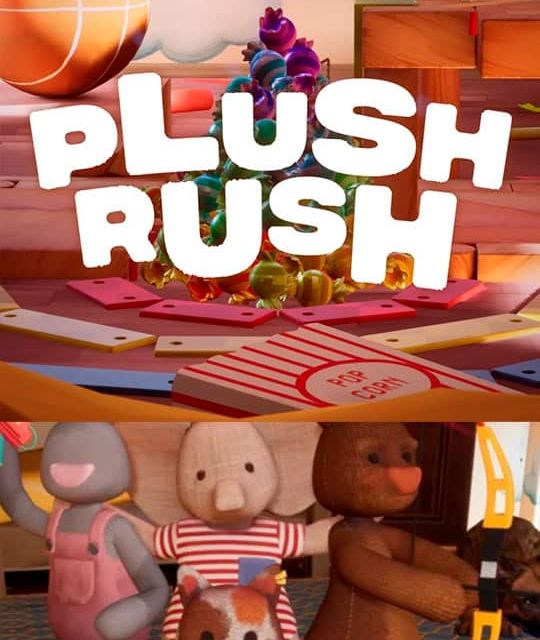 Affiche Plush Rush : peluches colorées et lettres roses sur fond de salle de jeux, enseigne Cérébra VR à Mérignac