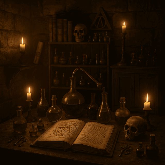 Bibliothèque de grimoire, fioles, crâne et bougies d'un laboratoire d'alchimiste, salle L'alchimiste chez Escape One à Pontault-Combault