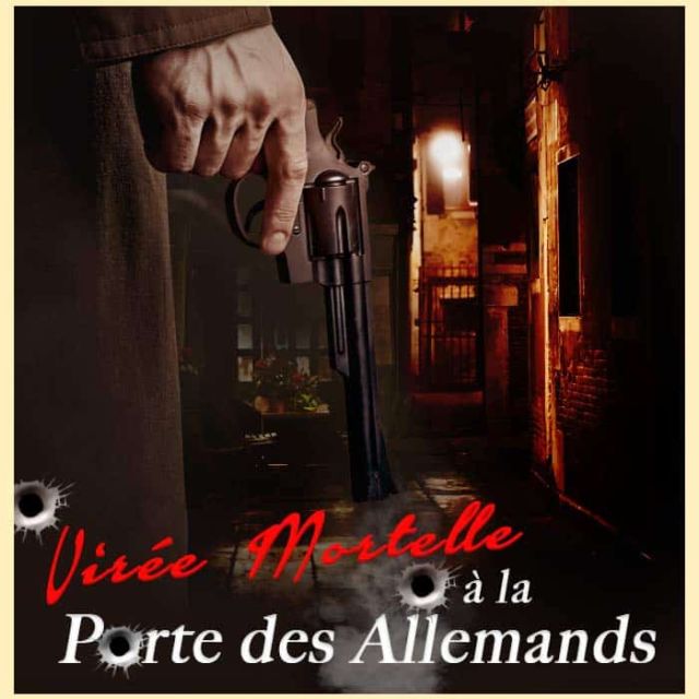 Main tenant un revolver dans une ruelle sombre aux briques rouges, ambiance noire et criminelle