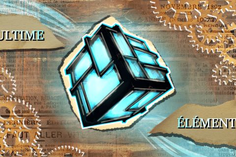 Cube de verre bleu éclairé sur un fond d'engrenages cuivrés, affiche de la salle L'ultime élément chez Enigma Run