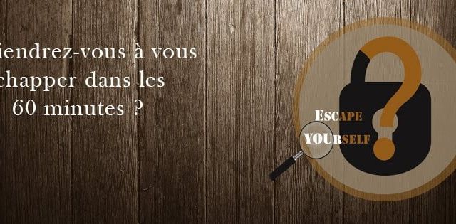Bannière Escape Yourself Angers : cadenas orange à point d'interrogation et loupe sur fond de planches